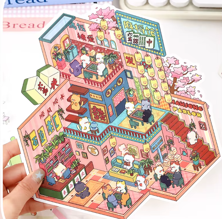 BYO Kawaii Sticker World - XL Mahjong Cats - DIY Sticker Scene Set